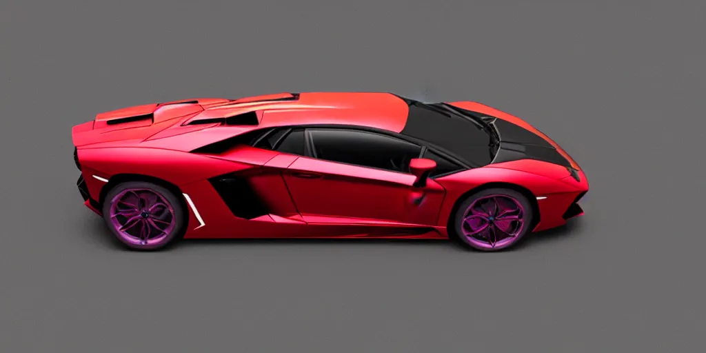 Prompt: Lamborghini Aventador LP 700-4 in red with pearl effect with purple spoilers on a sunny highway, side view concept art 3D digital art product design render in light room photo studio, octane rendering, dramatic lighting, HDR, VRAY 2k render, ray tracing