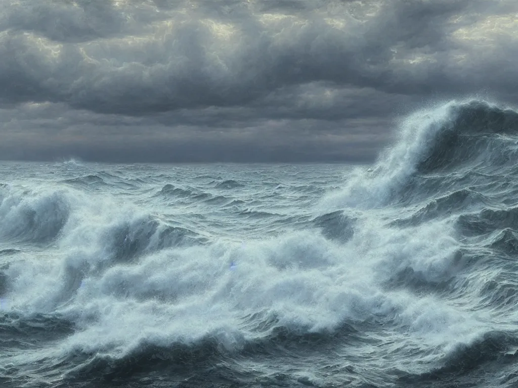 Image similar to a cinematic view of a stormy sea with cthulhu rising. art by william trost richards and donato giancola, hyperrealism, artstation
