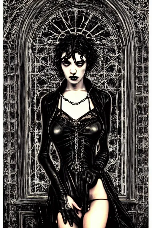 Prompt: dreamy gothic girl, black leather slim clothes, chains, windows and mirrors, beautiful body, detailed acrylic, grunge, intricate complexity, by dan mumford and by alberto giacometti, peter lindbergh