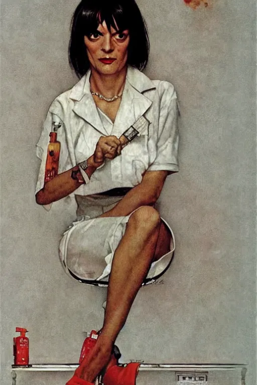 Prompt: Mia Wallace from Pulp Fiction painted by Norman Rockwell