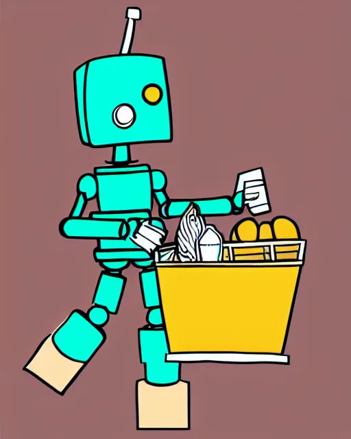 Image similar to robot carrying groceries, coloring book, line art, simple, low detail