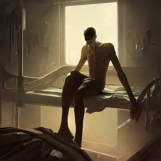 Prompt: concept art by greg rutkowski, very tall and slender young man waking up in a hospital bed, futuristic and high - tech setting but desolate and dimly lit, scifi, highly detailed portrait, digital painting, artstation, concept art, smooth, sharp foccus ilustration, artstation hq