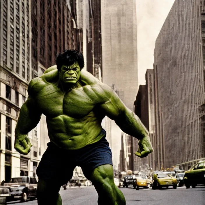 Image similar to a color photo portrait of the incredible hulk looking angry in new york city by richard avedon dramatic lighting.