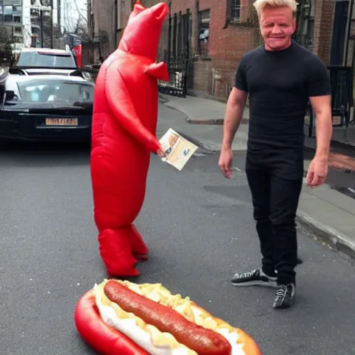 Prompt: gordon ramsay in a hotdog costume, handing out flyers in the street