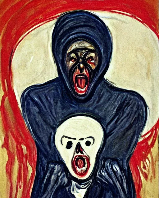 Image similar to a painting of ghostface in the scream by edvard munch