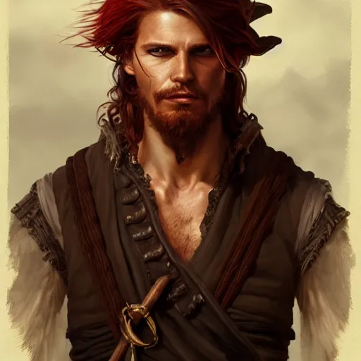 Prompt: portrait of a young rugged pirate, male, masculine, handsome, upper body, red hair, long hair, D&D, fantasy, intricate, elegant, highly detailed, digital painting, artstation, concept art, matte, sharp focus, illustration, art by Artgerm and Greg Rutkowski and Alphonse Mucha