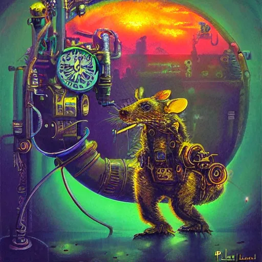 Image similar to steampunk rat, acid, 303, psychedelic, by paul lehr