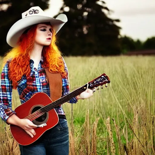 Image similar to a female fluffy anthropomorphic fox animal, head of fox, wearing cowboy hat, wearing plaid shirt, playing guitar, in a field, barn in background, album cover style