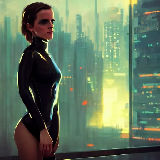 Image similar to a portrait of emma watson wearing skintight latex suit, cyberpunk city in the background as seen by greg rutkowski, light theme, enchanted, warm colors, high quality, waw, trending on artstation