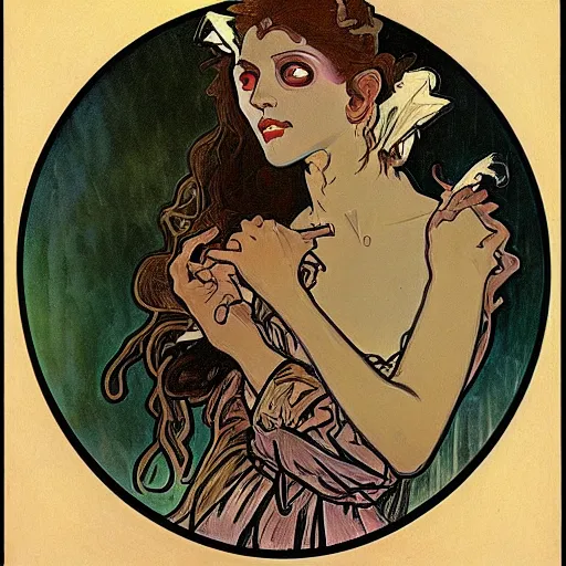 Image similar to zombie, painted by alphonse mucha