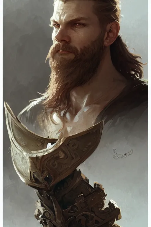 Image similar to male viking, intricate, elegant, highly detailed, digital painting, artstation, concept art, smooth, sharp focus, illustration, art by Krenz Cushart and greg rutkowski and Artem Demura and alphonse mucha