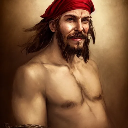Image similar to portrait of a young rugged pirate, closed-lip!!!! smiling, male, masculine, handsome, upper body, red hair, long hair, D&D, fantasy, intricate, elegant, highly detailed, digital painting, artstation, concept art, sensual, matte, sharp focus, illustration, art by Artgerm and Greg Rutkowski and Alphonse Mucha