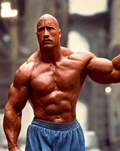 Image similar to Film still close-up shot of Dwayne Johnson as Rocky Balboa from the movie Rocky. Photographic, photography