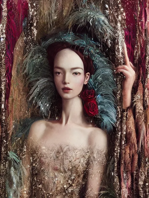 Image similar to realistic 3d character render of a beautiful model in the bergdorf goodman windows, veiled, embellished sequined,feather-adorned,by tom bagshaw,Cedric Peyravernay,Peter Mohrbacher,William Holman Hunt,William Morris,Catherine Nolin,metropolis,Gucci,Dior,trending on pinterest,maximalist,glittering,feminine