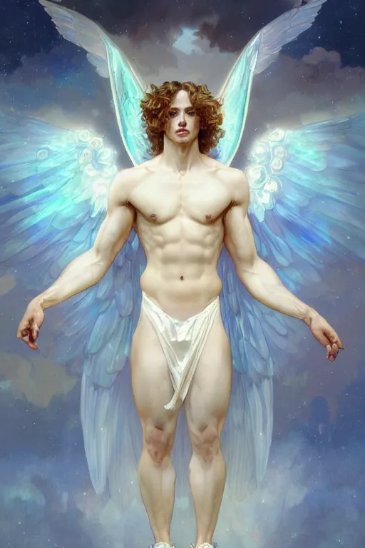 Prompt: fullbody portrait of a beautiful young fit male angel with curly blond hairs, dressed with fluent clothes, majestic symmetrical white wings, luminous halo, by greg rutkowski and alphonse mucha, gradient white to gold, in front of an iridescent background, highly detailed portrait, digital painting, artstation, concept art, smooth, sharp focus illustration