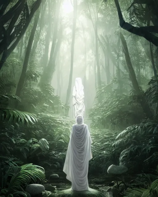 Prompt: a lonely earth god draped in white cloth, face hiding behind cloth, standing inside a tropical forest, by sung choi by john kirby artgerm and greg rutkowski by ivan shishkin, octane render, unreal engine, watercolor, telephoto, 8 k, natural lighting, in a symbolic and meaningful style