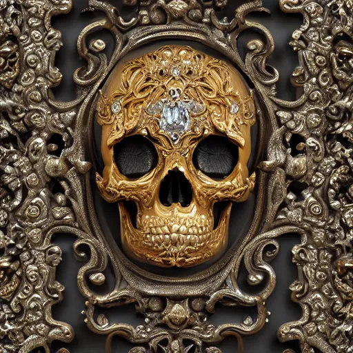 Image similar to a portrait of a beautiful ornate and intricate rococo skull with silver and gold details and diamonds inside a rococo frame, 4k, octane render, vray, unreal engine, photorealistic