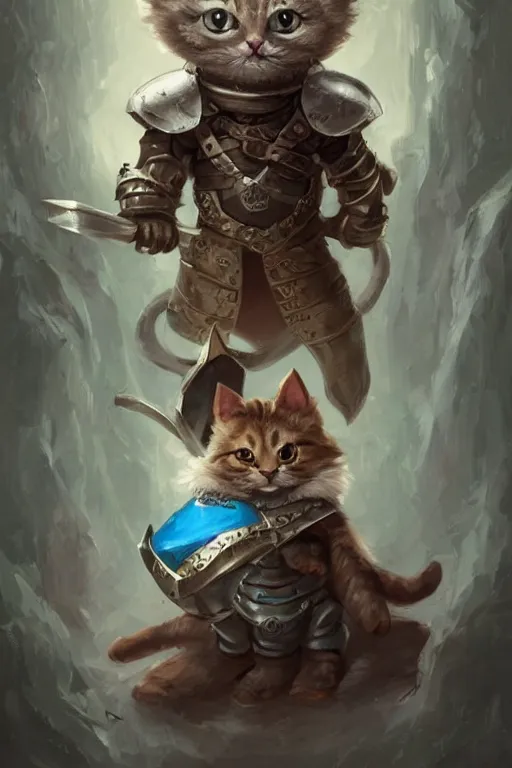 Image similar to cute little anthropomorphic cat knight wearing a cape and a crown, tiny, small, miniature cat , baby animal, short, pale blue armor, cute and adorable, pretty, beautiful, DnD character art portrait, matte fantasy painting, DeviantArt Artstation, by Jason Felix by Steve Argyle by Tyler Jacobson by Peter Mohrbacher, cinematic lighting