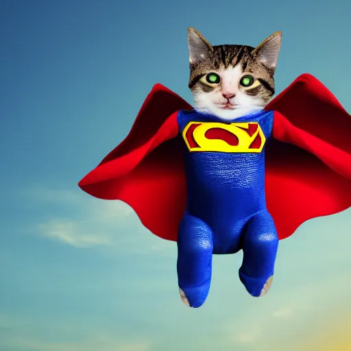 Image similar to the cat dressed as superman is flying in the sky