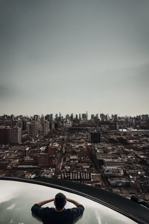 Prompt: Photo of a man sitting on the car roof in the heavy in front of the city that sank, hyper realistic, outdoor lighting, dynamic lighting, volumetric, wide angle, anamorphic lens, go pro, 4k