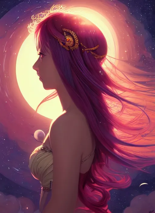 Prompt: a comic portrait of an cosmic goddess with starry hair, fine - face, realistic shaded perfect face, fine details, jewelry, night setting. very anime style. realistic shaded lighting poster by ilya kuvshinov katsuhiro, magali villeneuve, artgerm, jeremy lipkin and michael garmash, rob rey and kentaro miura style, trending on art station