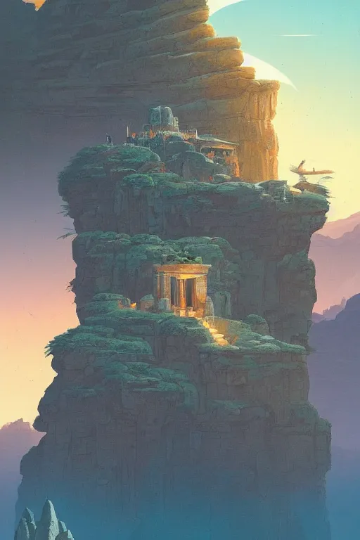 Image similar to ancient temple on a rocky cliff in a canyon, shooting stars in the night sky, dramatic lighting, artstation, matte painting, ralph mcquarrie, simon stalenhag