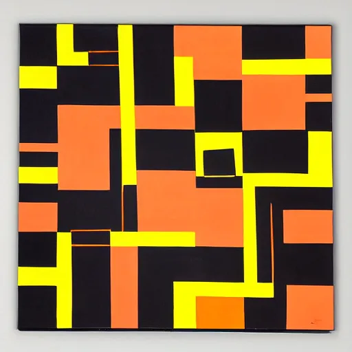 Image similar to an abstract painting of symmetric squares, circles and triangles in black, orange and yellow, inspired by piet mondrian