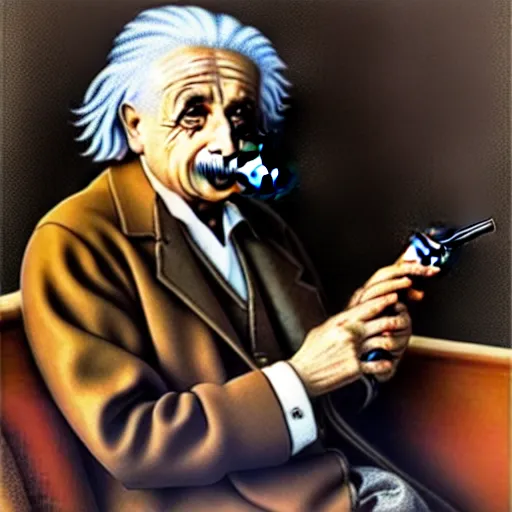 Prompt: Albert Einstein smoking a cigar while holding a bottle of wine in his hand, sitting on a bench in the park, highly detailed, full body, sad atmosphere, in the style of Roberto Ferri