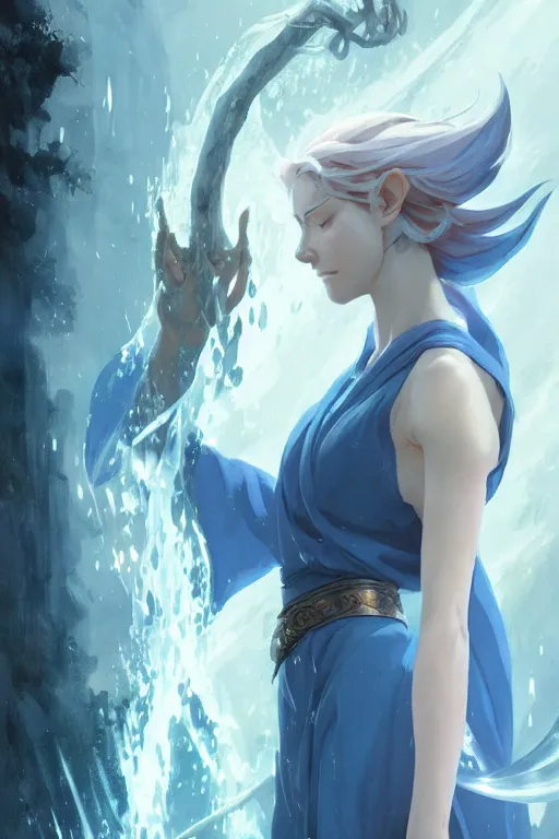 Image similar to elvish female sorcerer doing water magic spells, blue robes, red hair, finely detailed perfect face, exquisite details, mid view, design on a white background, by studio muti, greg rutkowski makoto shinkai takashi takeuchi studio ghibli