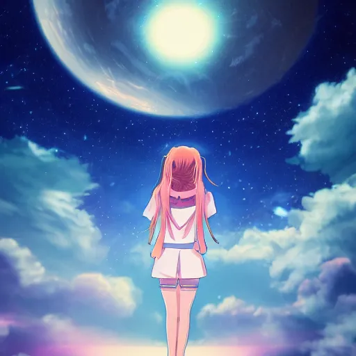 Image similar to a girl staring up a the stars in a anime style, digital art, 4K