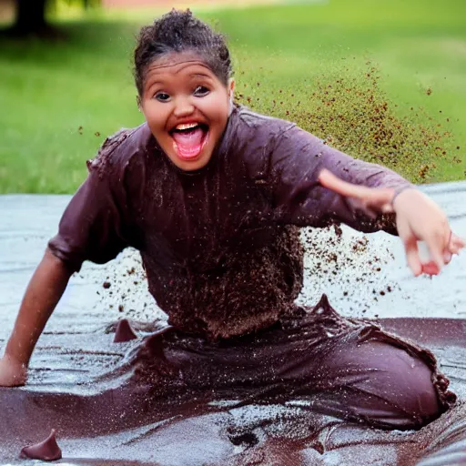 Image similar to person sliding through chocolate pudding head first, slip n slide, professional photo, funny