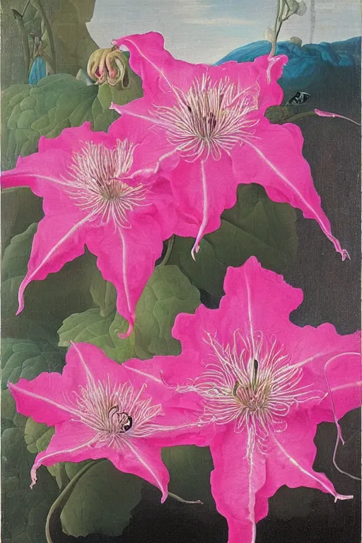 Image similar to thousands of clustered pink dripping clematis liquefying dripping with pink paint by ambrosius bosschaert and salvador dali, oil on canvas