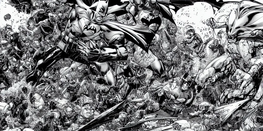 Prompt: batman underwater two page spread. original line drawing by ethan van sciver.