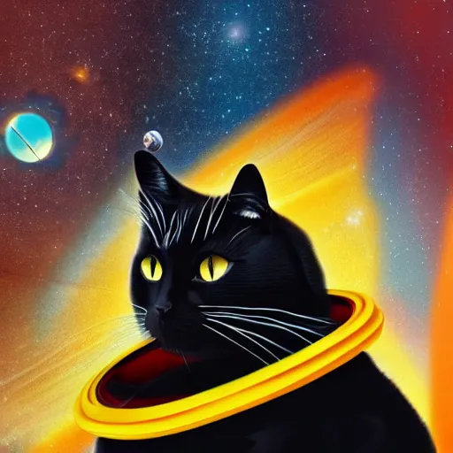 Image similar to black cat in a space suit in style of retro-futurism, 4k, hyper realistic,