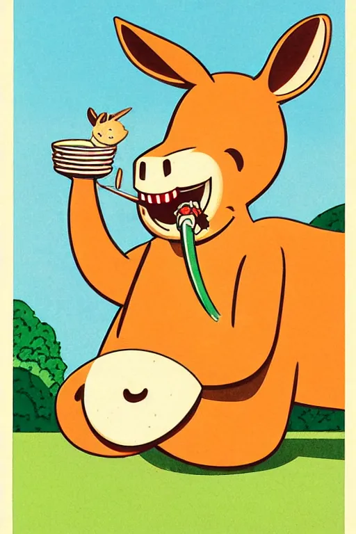 Prompt: by richard scarry. happy donkey eating a leg. a 1 9 5 0 s retro illustration. studio ghibli. muted colors, detailed