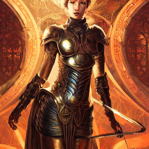 Image similar to portrait knights of Zodiac girl, metallic black and reddish color reflected armor, in ruined Agora of Athens, ssci-fi, fantasy, intricate, very very beautiful, elegant, golden light, highly detailed, digital painting, artstation, concept art, smooth, sharp focus, illustration, art by WLOP and tian zi and alphonse mucha