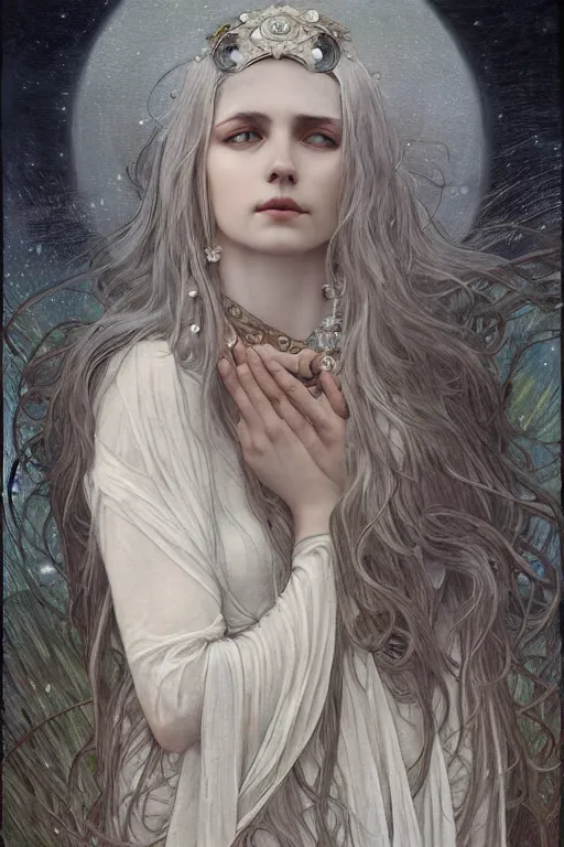 Image similar to thin goddess of moon, long dark hair, sad eyes, pale skin, silver and pearl jewelry, fantasy, intricate, highly detailed, digital painting, artstation, concept art, smooth, sharp focus, art by art by Artem Demura and Alphonse Mucha, ArtGerm, valentina remenar, ruan jia