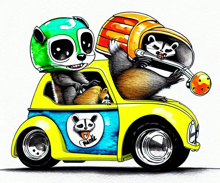 Image similar to cute and funny, racoon wearing a helmet riding in a tiny hot rod coupe with oversized engine, ratfink style by ed roth, centered award winning watercolor pen illustration, isometric illustration by chihiro iwasaki, edited by range murata