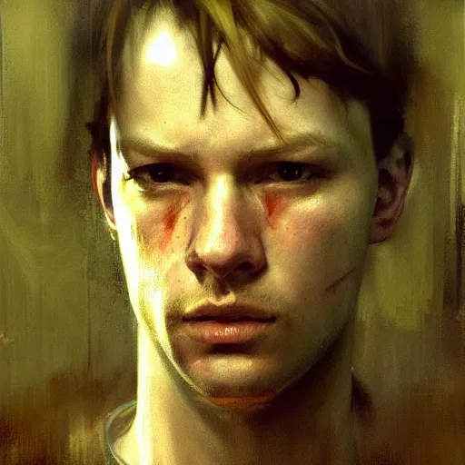 Image similar to hyperrealist portrait of james sunderland from silent hill 2 by jeremy mann and alphonse mucha, fantasy art, photo realistic, dynamic lighting, artstation, poster, volumetric lighting, very detailed faces, award winning