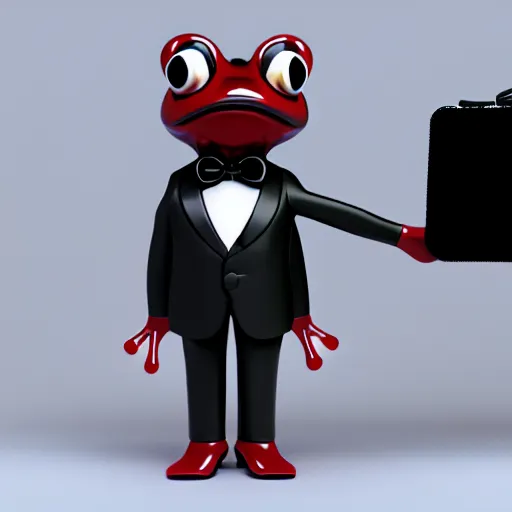 Image similar to a frog in a tuxedo suit holding a suitcase, hyperrealistic, octane render, 3D