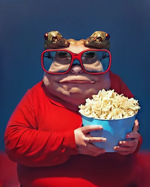 Prompt: hyper realistic oil painting movie poster of a fat toad wearing anaglyph red - blue glasses with popcorn pot, vibrant colors, high contrast, by greg rutkowski and denis villeneuve, trending on artstation