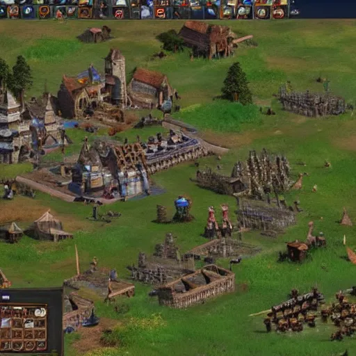 Image similar to a group of giant minions standing near a Town Center in the game Age of Empires