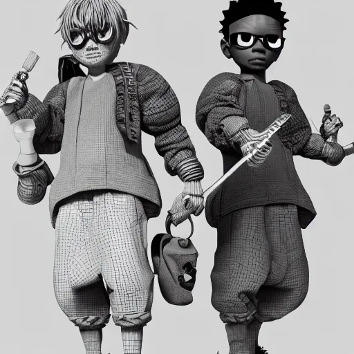 Image similar to rpg character concept art, twin brothers being cute and gangsta, intricate detail, in the style of jamie hewlett kawase hasui riyoko ikeda, 3 d render, artstation trending, 8 k, octane render, photorealistic, sharp detail, manga, black and white