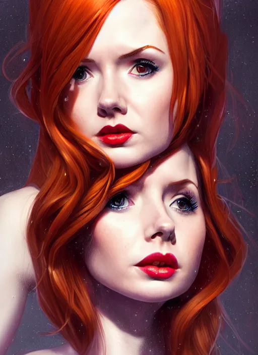 Image similar to Karen Gillan Batgirl, redhead, full body, no mask, symmetrical face symmetrical eyes, leaping from a building, illustration, artstation, cinematic lighting, hyperdetailed, cgsociety, 8k, high resolution, Charlie Bowater, Tom Bagshaw, Norman Rockwell, insanely detailed and intricate