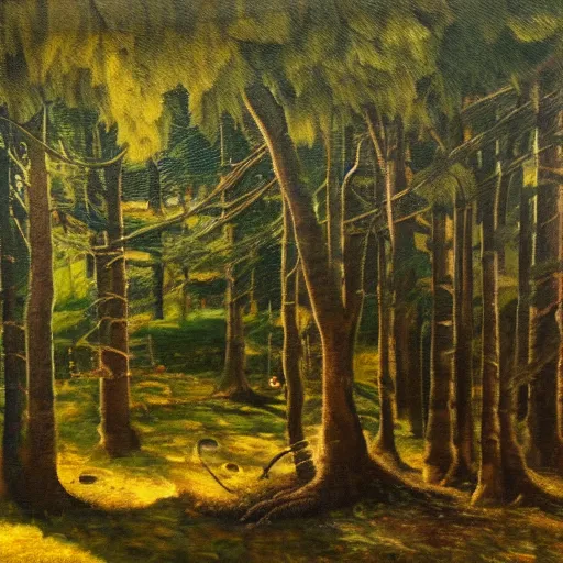 Prompt: an oil painting titled in the woods of Kroandal, inspired by the music of Andreas Vollenweider, highly realistic and detailed, intricate