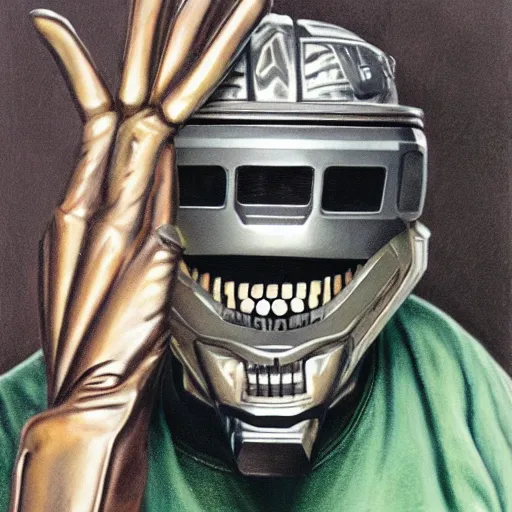 Image similar to beautiful lifelike painting of mf doom is monster zero, hyperreal detailed facial features and uv lighting, art by ed roth and basil wolverton