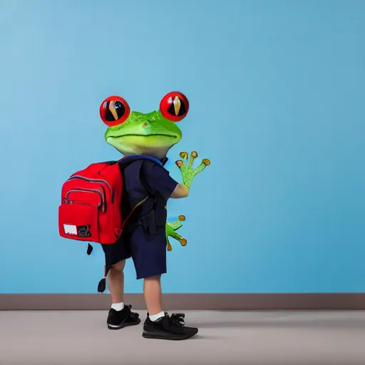 Prompt: 8k photograph of a frog wearing a backpack and school uniform. On his way to his first day at school