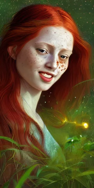 Prompt: infp young woman, smiling amazed, golden fireflies lights, amidst of nature fully covered, long loose red hair, intricate linework, bright accurate green eyes, small nose with freckles, oval shape face, realistic, expressive emotions, dramatic lights spiritual scene, hyper realistic ultrafine art by artemisia gentileschi, jessica rossier, boris vallejo