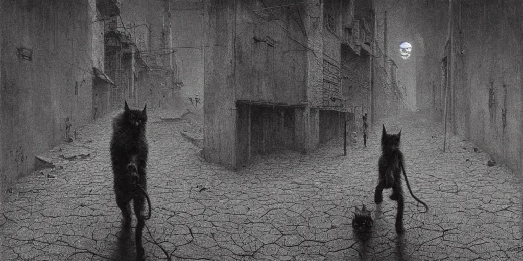 Image similar to cyberpunk demon kitten walking in a dystopian wasteland, Beksinski, MC Escher