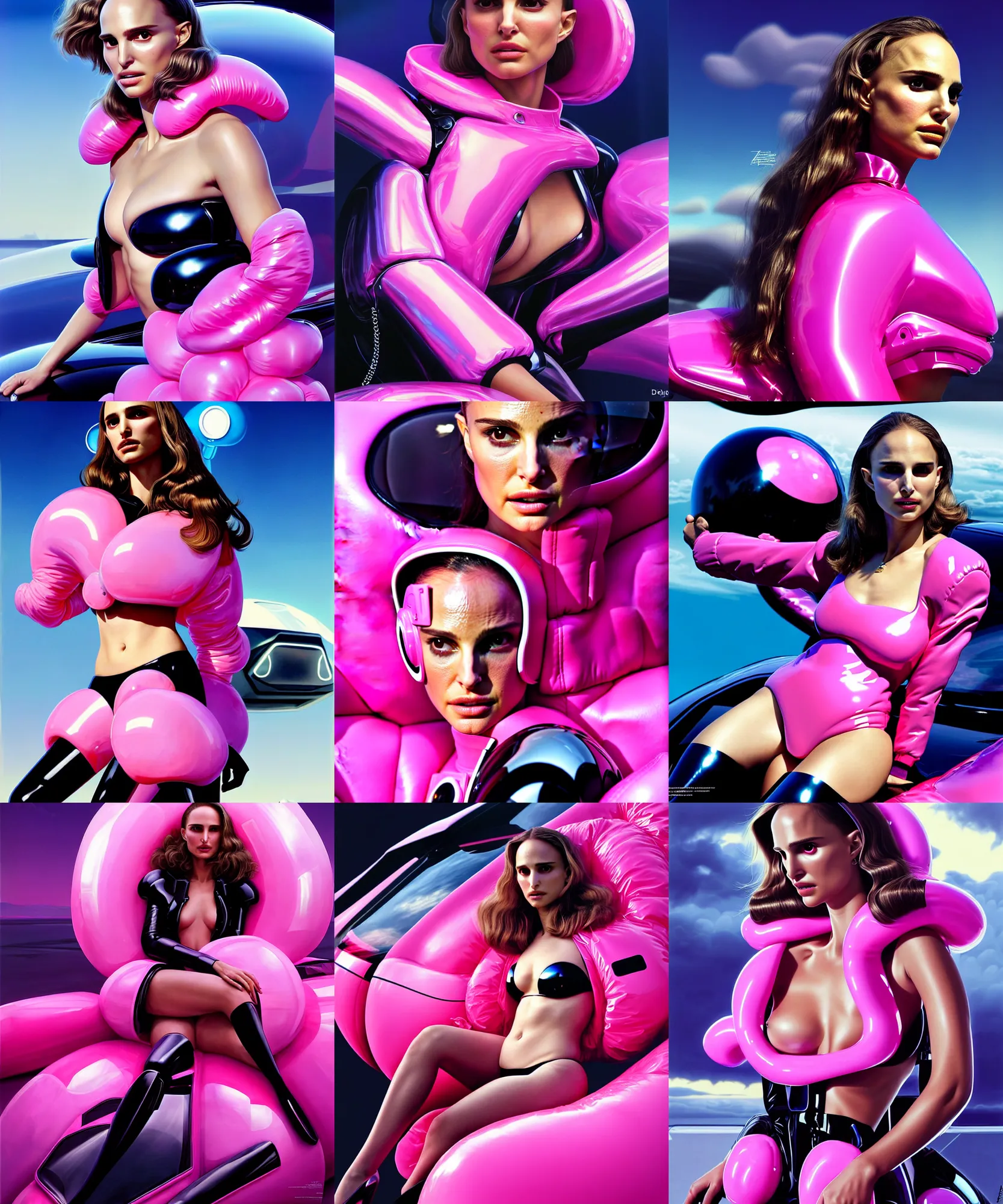 Prompt: beautiful fantasy character portrait, natalie portman, wearing oversized plastic puffy pink bomber jacket and black bikini, seductive seated pose, futuristic chrome vehicle, night, ultra realistic, wide angle, dramatic lighting, robots, retro technology artifacts, highly detailed by dariusz zawadzki, paolo eleuteri serpieri, boris vallejo, aaron horkey,